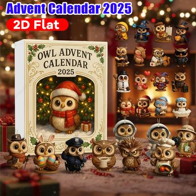 Eulen-Adventskalender 2025 mit 2D-Flachuhu-Ornamenten 24 Tage Weihnachtszählkalender für Weihnachtsbaumschmuck Geburtstag g