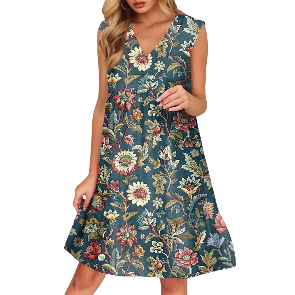 Women's Casual Fashion Breathable V-neck Vest With Pockets Floral Holiday Dress
