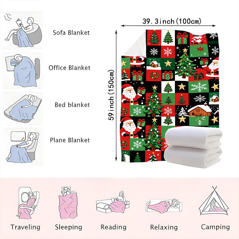 1PC Santa and Christmas Tree Print Blanket — Made of soft plush flannel, it's lightweight and durable, perfect for sofas, beds,
