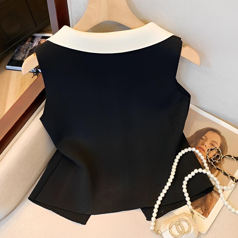 Women Elegant V-Neck Lapel Vest Summer Casual All-Match Chic Tanks Sleeveless Tops