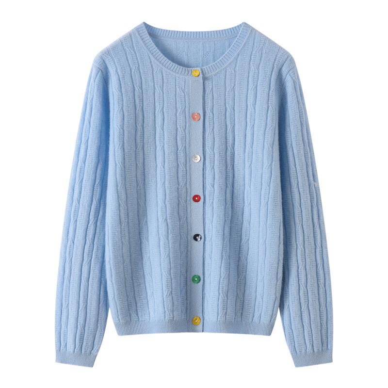 Kangsai Ni 100% Pure Cashmere Women's Slimming Round Neck Cardigan Sweater for Autumn/Winter