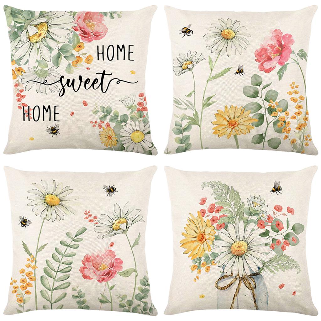 4 Stück Blumen Überwurf Kissenbezüge Quadratisch Leinen Taillenschutz Kissenbezug Bett Sofa Kissenbezüge Heimdekor Kissenbezüge 45x45CM