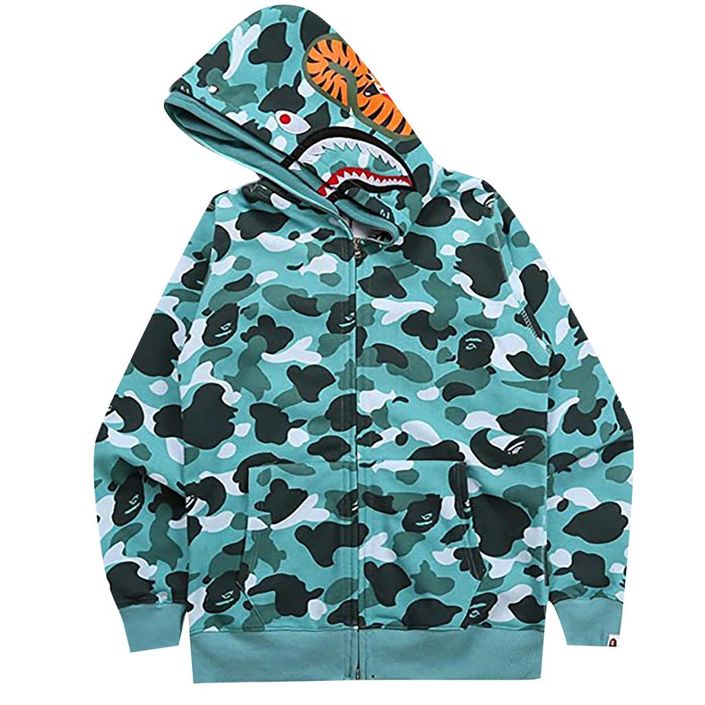 Japanese Style Shark Head Camouflage Zip Up Hoodie Full Zip Hooded Sweatshirt Casual Streetwear Fashion Outerwear for Men and Women