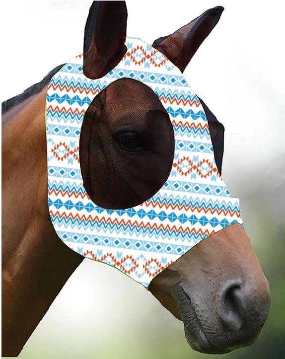 "Breathable Horse Head Cover with Anti-Mosquito Protection and Various Prints for Equestrian Use"