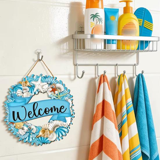 Welcome Summer Sign Shells Starfish Wall Hanging Wreath Farmhouse Coastal Beach Wooden Round Door Hanger for Front Door Porch Courtyard Decor