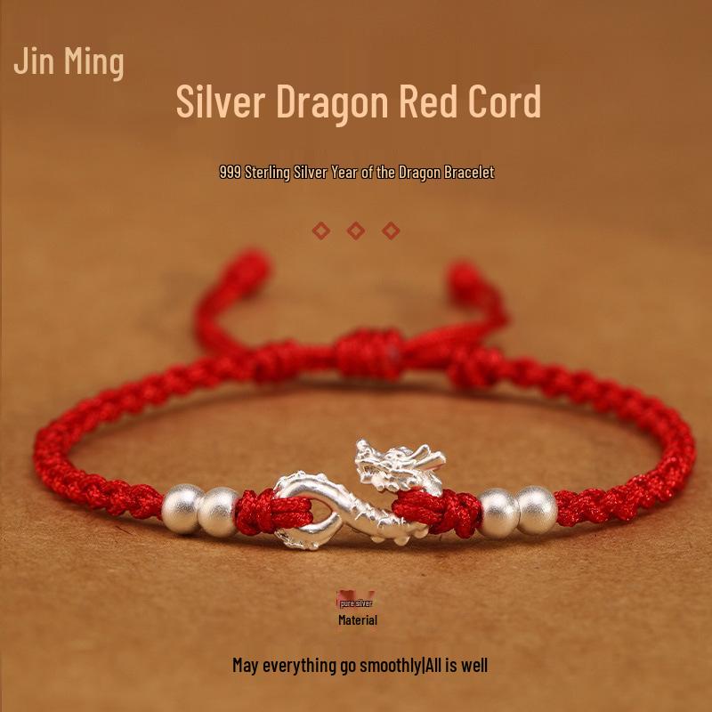 Sterling Silver Dragon Hook Red Rope Bracelet for Women & Men, Zodiac-Themed Woven Bangle with Pure Silver Bead