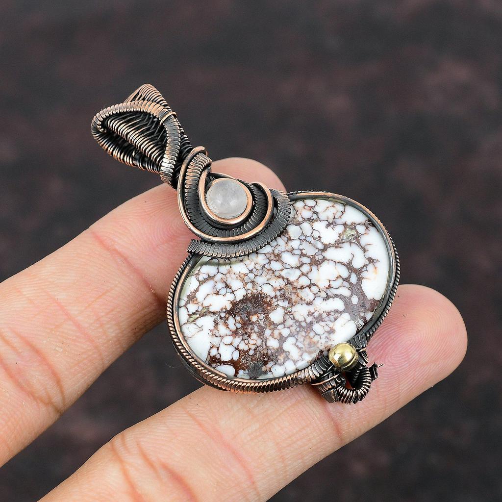 Wild Horse Magnesite Pendant Rainbow Moonstone Pendant Copper Wire Wrapped Jewelry Handmade Gemstone Pendant Gift For Her Designer Pendant