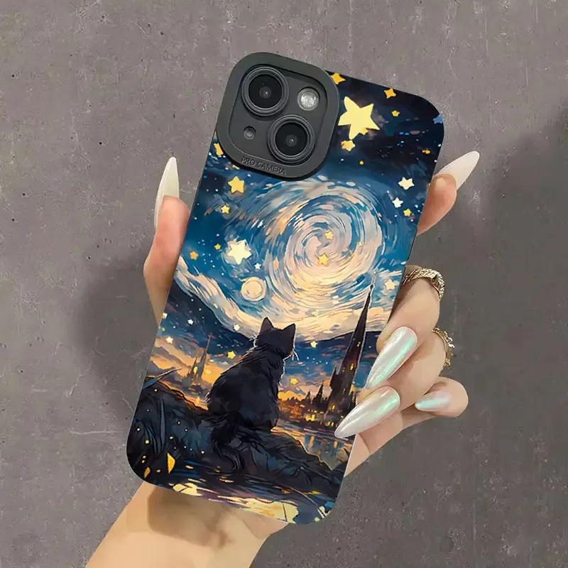 Starry Sky Cat Pattern Phone Case For iPhone 16 15 14 13 12 11 Pro Max XS X Plus SE 2022 2020 Shockproof Soft Silicone Cover