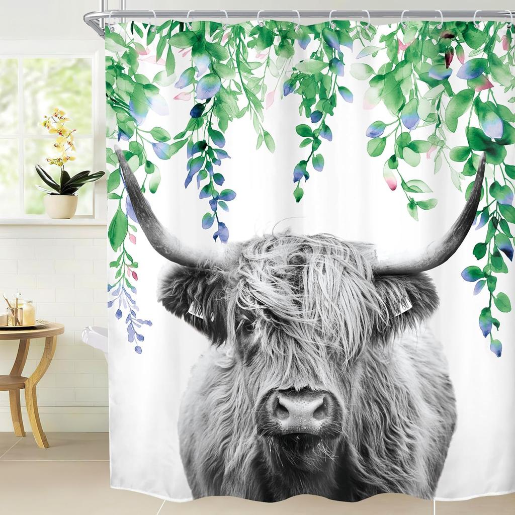 Tenda da Doccia Mucca delle Highlands, Ritratto di Toro Rustico Animale da Fattoria Tessuto Grigio Bianco Arredo Bagno Con 12 Ganci, 1 Pezzo