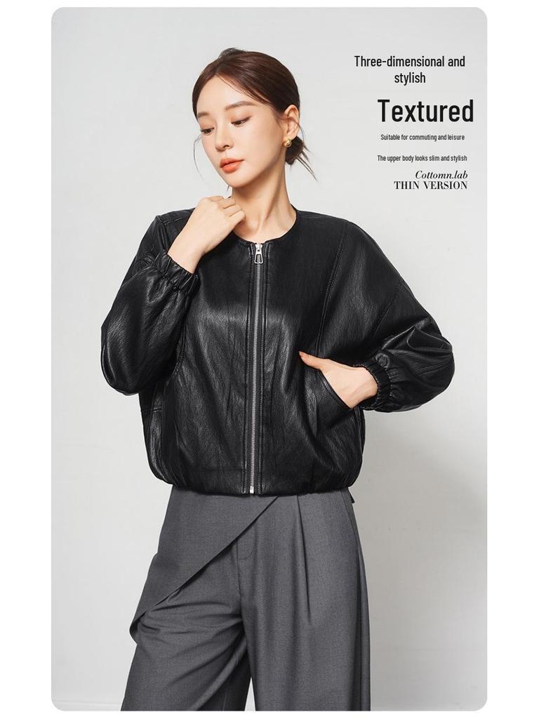 Women’s Genuine Sheepskin Leather Cardigan Jacket - Short, Round Neck, Loose Fit for 2026 Spring/Autumn.