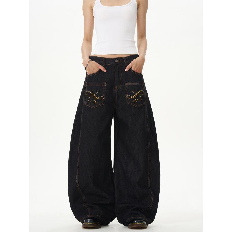 Jeans Larghi Unisex a Vita Media Deostrutturati Vestibilità Larga Vintage Americano Lavato Baggy in Denim Pantaloni Rilassati Lunghi Fino a Terra