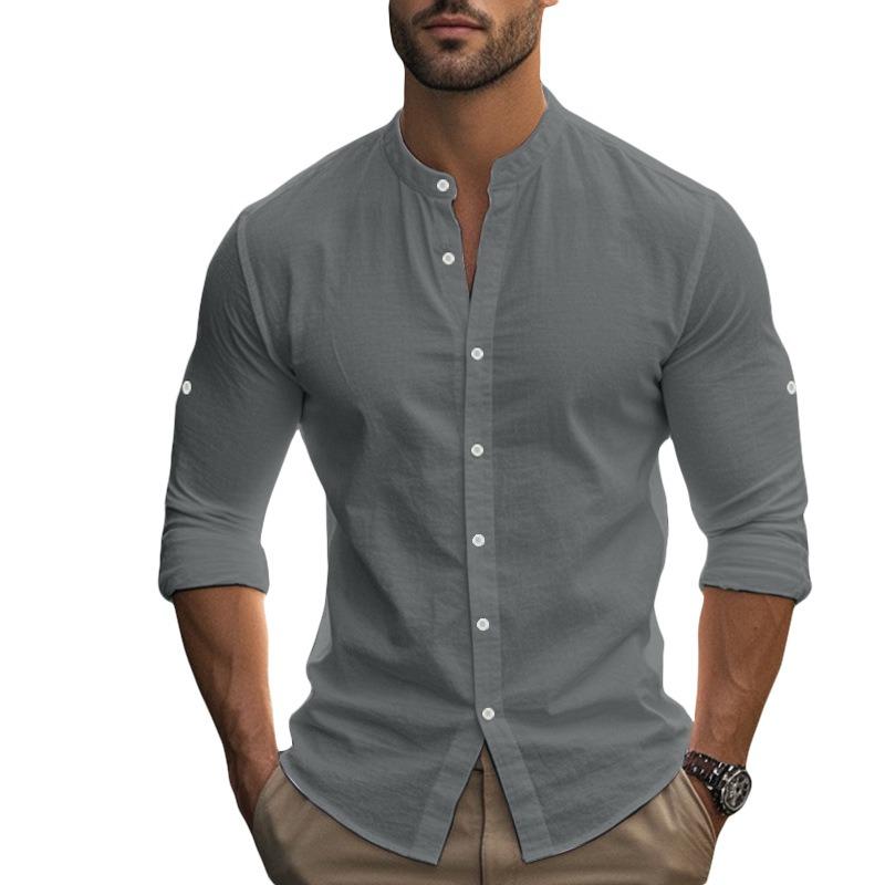 Men S Hawaiian Style Cotton Linen Blend Stand Collar Long Sleeve Casual Shirt