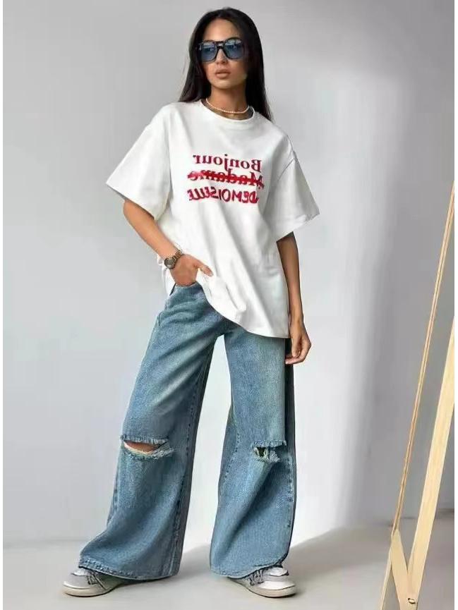 

Simplistic Retro American 2024 Summer T-Shirt: 100% Cotton, Loose Fit, Short-Sleeved, Letter Print S білий