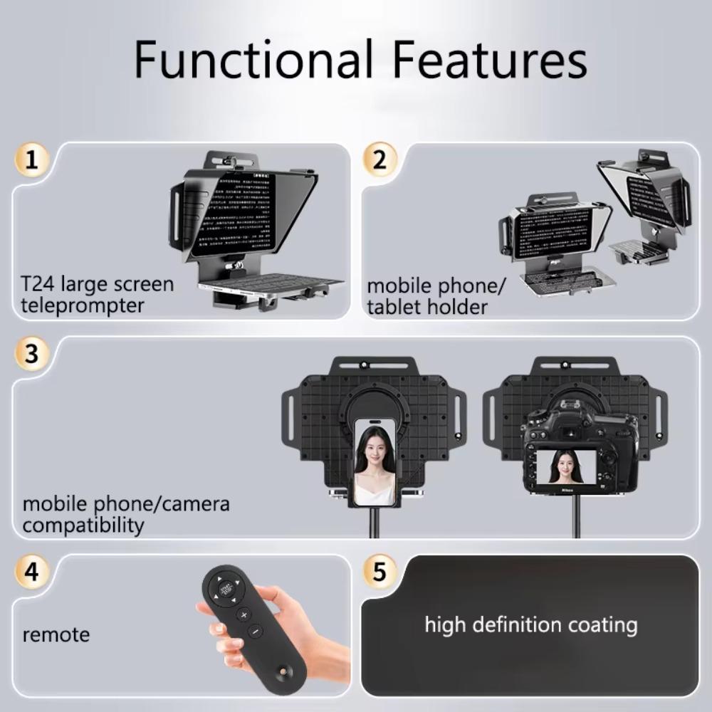 Portable T24 Teleprompter Wide Screen Dual Hot Shoe For Phone Tablet Tripod Light Stand Live Streaming Video Shoot And Recording