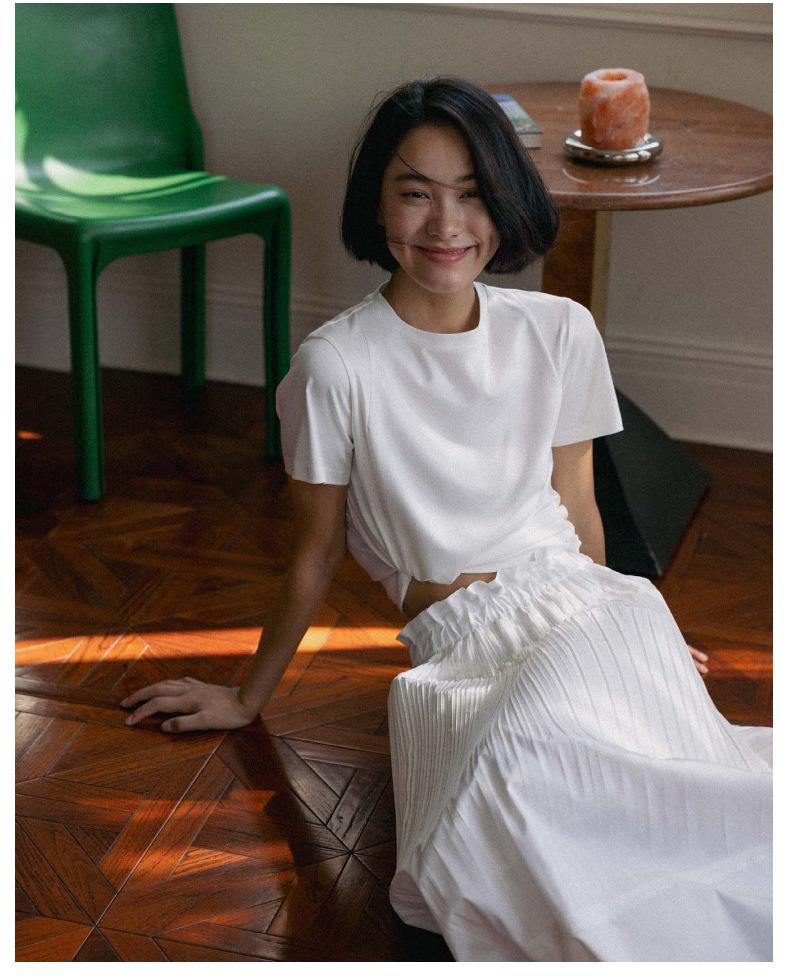 Women's White Pleated Midi Skirt - Minimalist A-line Style with Elastic Waist