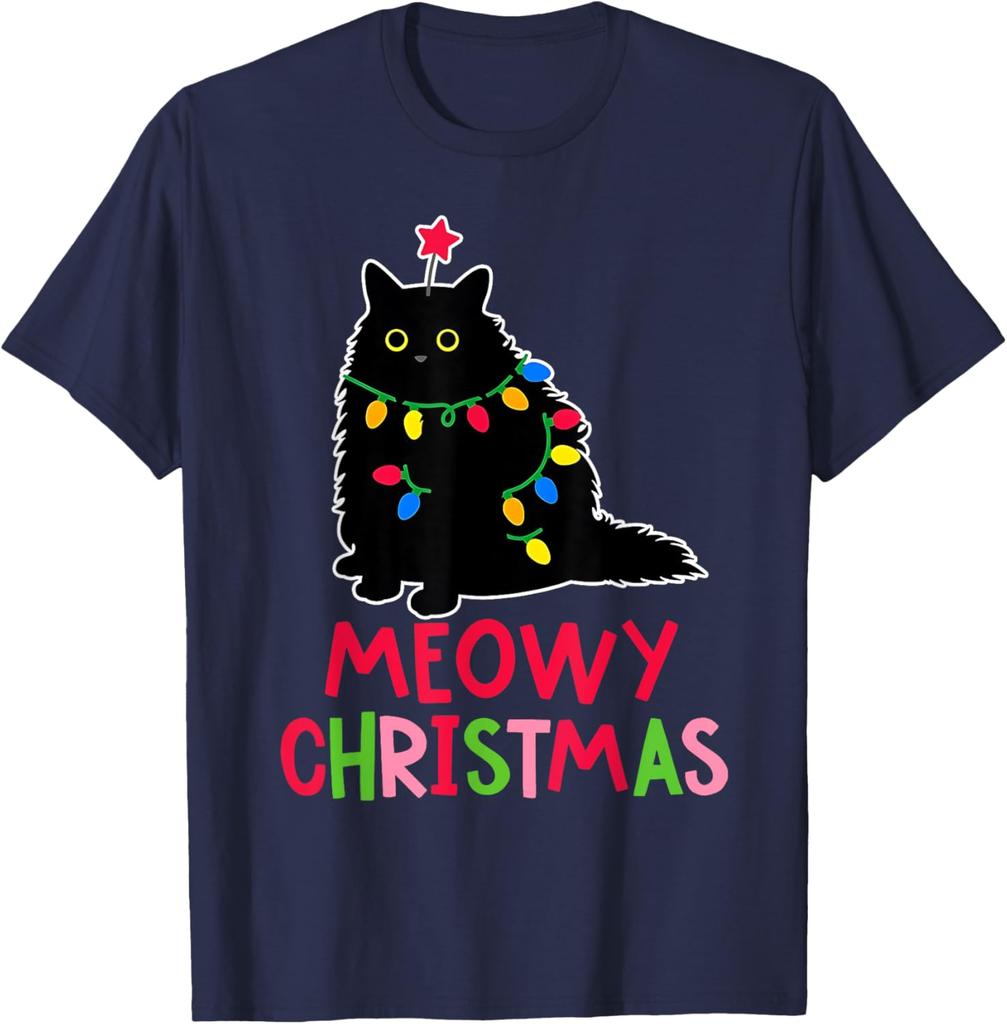 New Style Lovely Kawaii Meowy Christmas Xmas Lights Black Cat Pajamas Family Funny Men Women High Quality Cotton TShirt