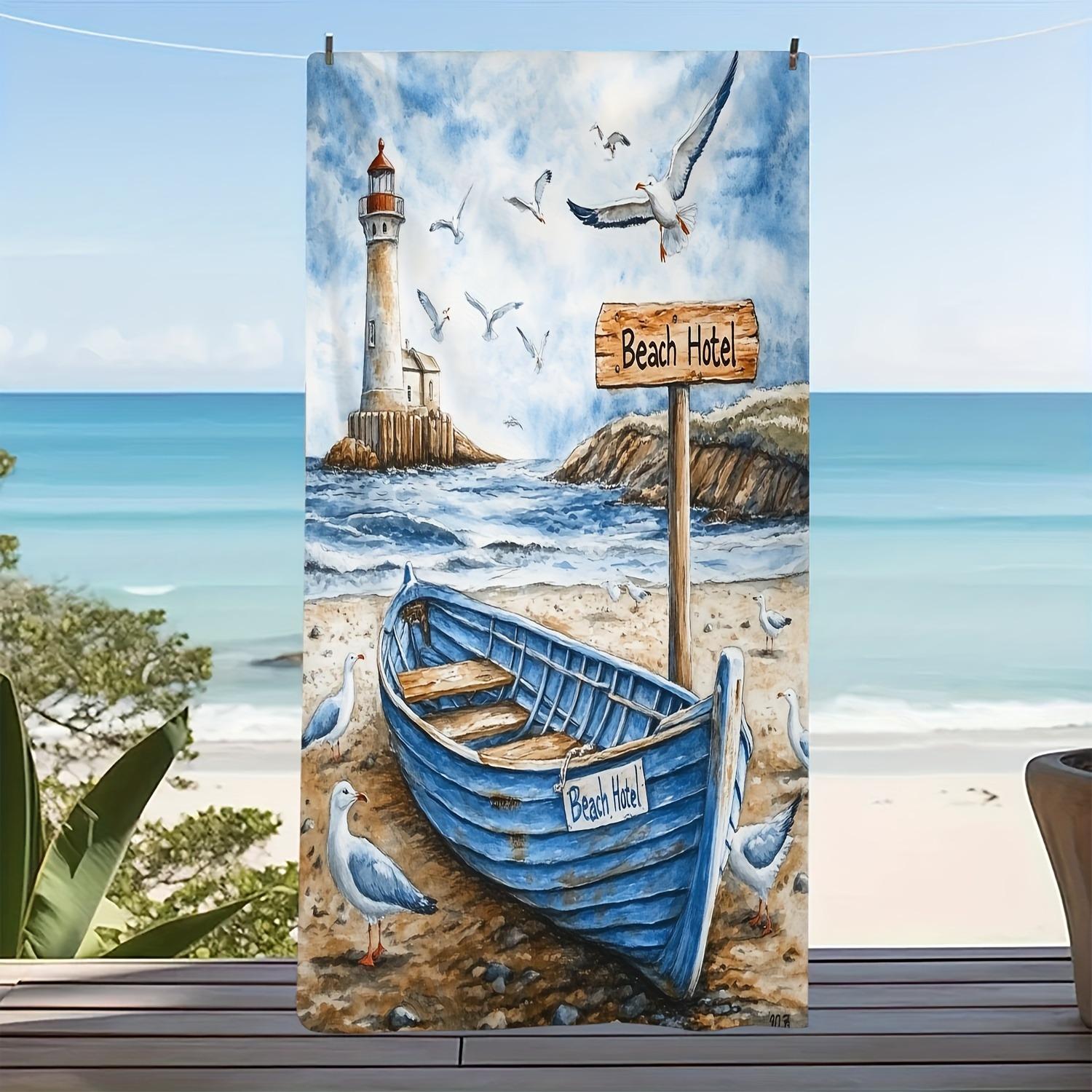 

Beach Paradise: Blue Boat & Lighthouse Printed Beach Towel Suitable for towels, bath towels, beach towels W30*H60(CM)