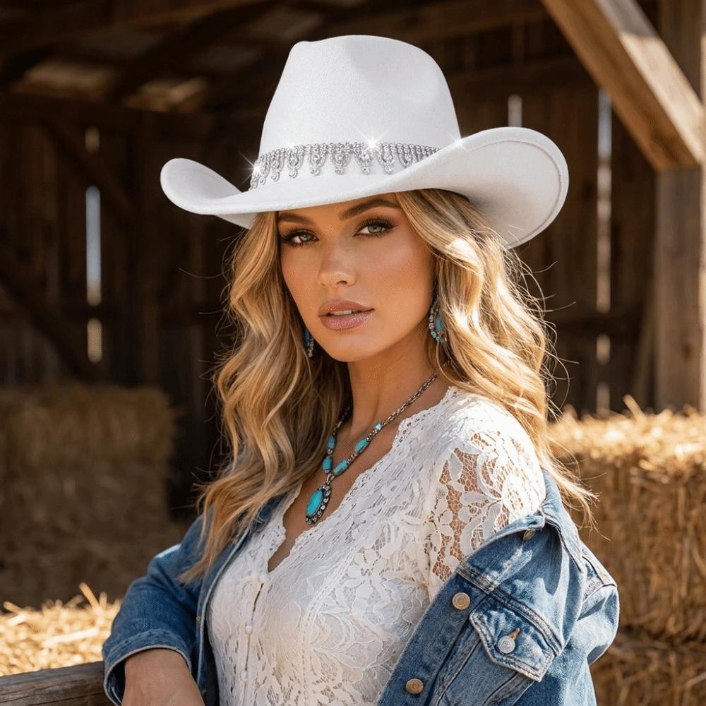 Funkelnder Filz-Fedora-Hut mit Strasssteinen Zylinder Klassischer Western-Cowboyhut Für Outdoor-Reiten