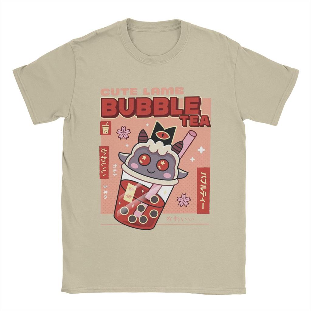 Casual Cute Lamb Bubble Tea Cult Of The Lamb T-Shirt Men O Neck 100% Cotton T Shirt Game Anime Tees Printing Clothes