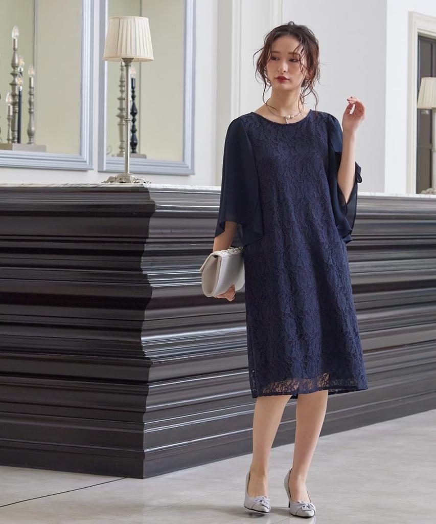 Nissen Evening Dress Chiffon Flared Sleeve Lace Sack Dress Sizes LL [Wedding/Party Dress] (Plus Available) Navy,