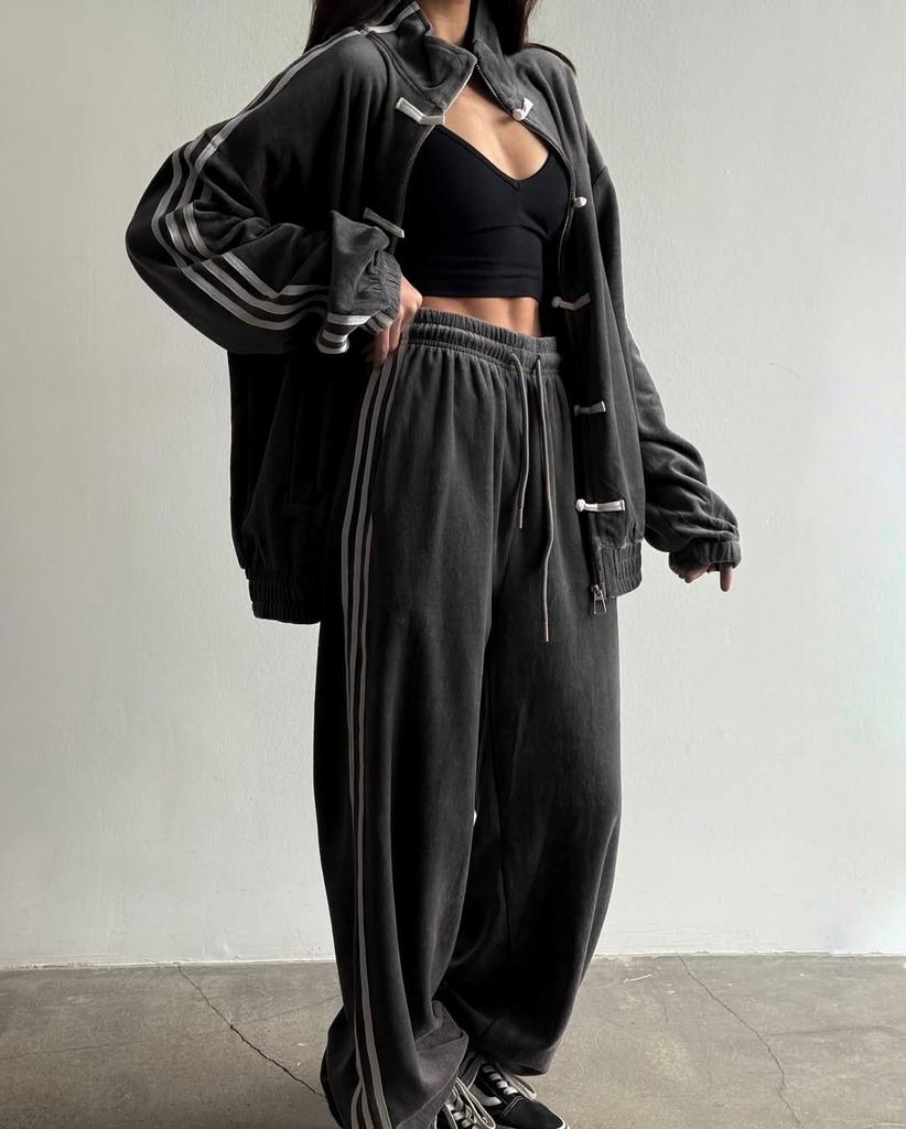 Fashion Buckle Three Bars Casual Suit Retro Stand-up Collar Jacket Wide-leg Sweatpants Two-piece Set