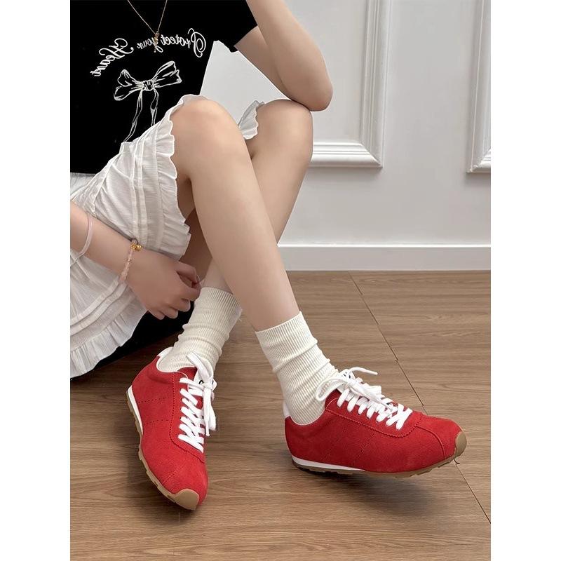Cowhide version~ leather flat bottom round head retro red Forrest Gump shoes women's lace-up versatile German training shoes board shoes casual shoes