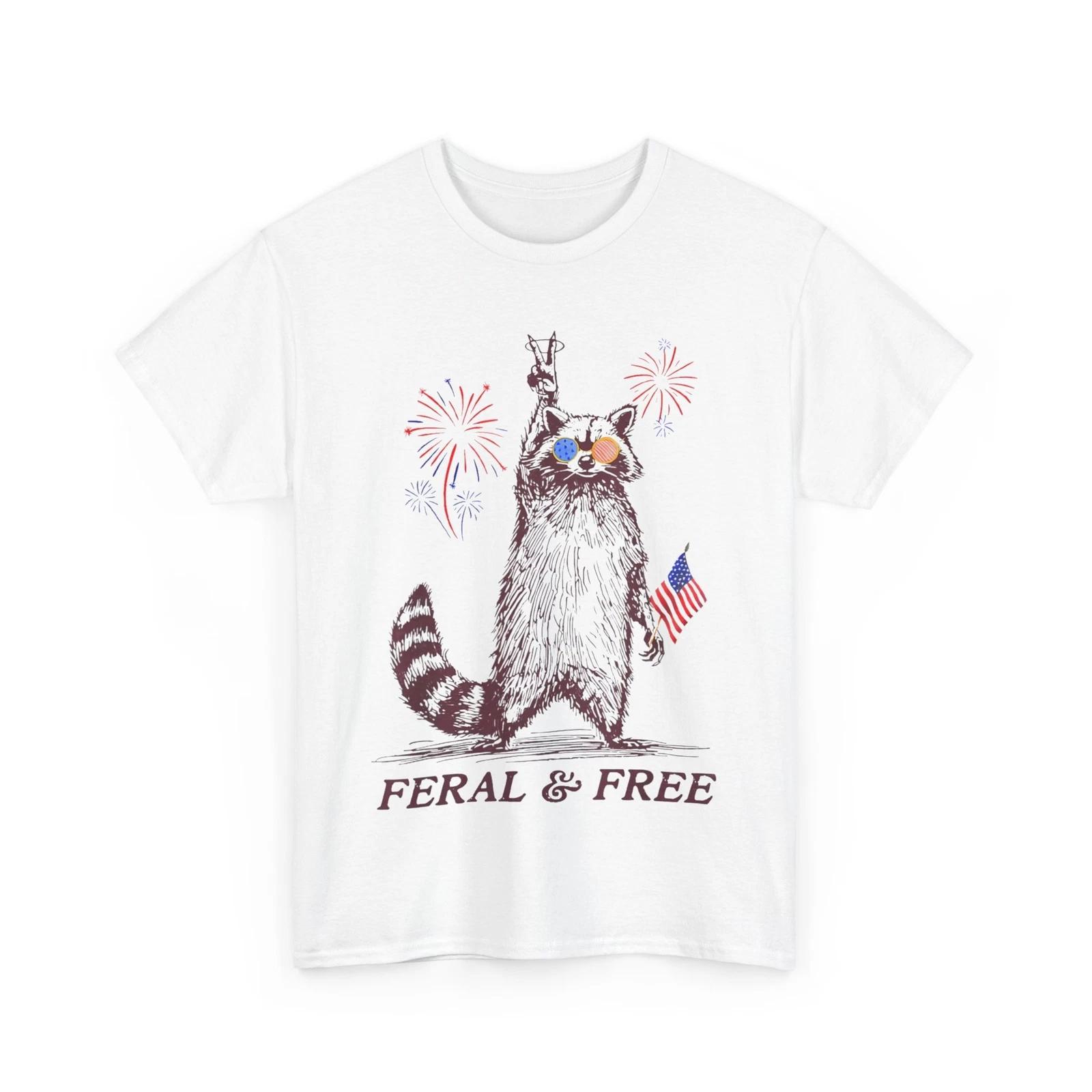 Feral & Free Funny Patriotic Racoon Feral And Free 4th July T shirt L