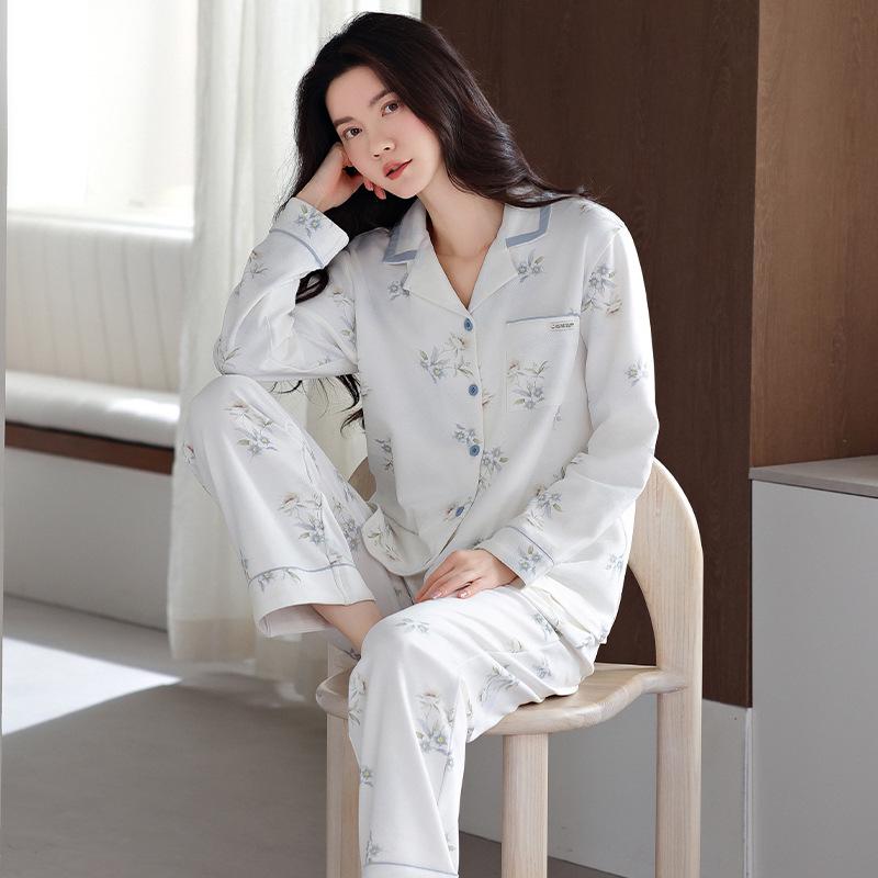 Women's Pure Cotton Long Sleeve Pajama Set - Casual Two-Piece with Simple Print for Home or Outwear