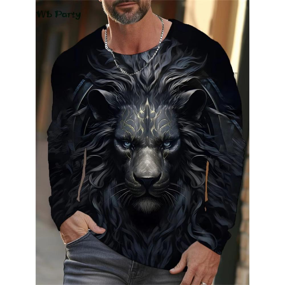 Vintage Lion T Shirt Men 3D Print Lion Graphic T Shirts Men Long Sleeve T-Shirt Mens Clothing Casual Loose Men's Clothing Tops