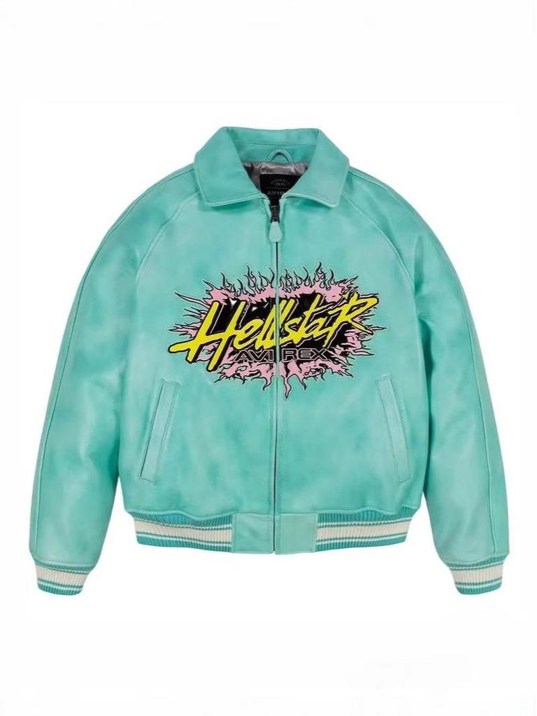 Avirex x Hellstar Men’s Leather Jacket: Trendy American Hip Hop Style Outerwear.