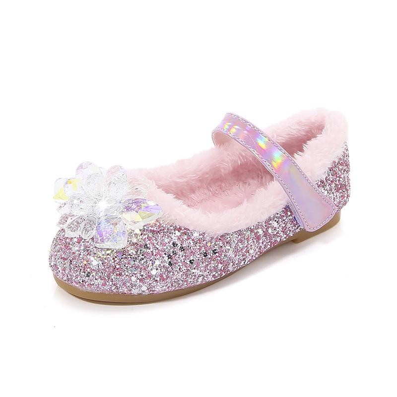 Girls  Princess Shoes Winter New Elsa Crystal Shoes with Fleece Lining Pink Soft Sole Shoes for Little Girls Flat Shoes 22 розовый
