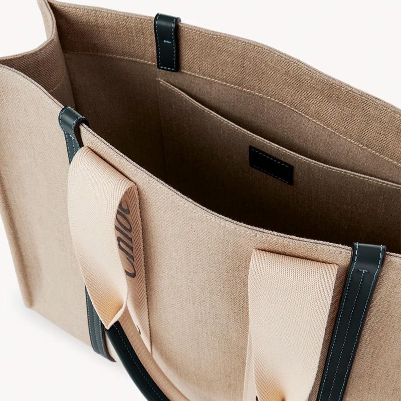 Chloe Woody Logo Print Satin Ribbon Canvas And Leather Tote Bag Women Tote Bags CHC22-AS382I26-91J