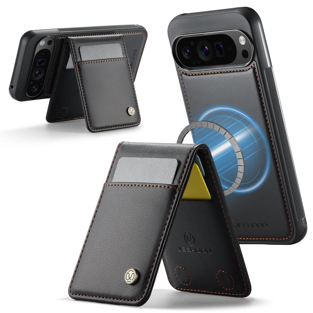 For Google Pixel 9 Pro XL Leather Back Cover Compatible with MagSafe JEEHOOD J06 Phone Case with Card Bag RFID Blocking