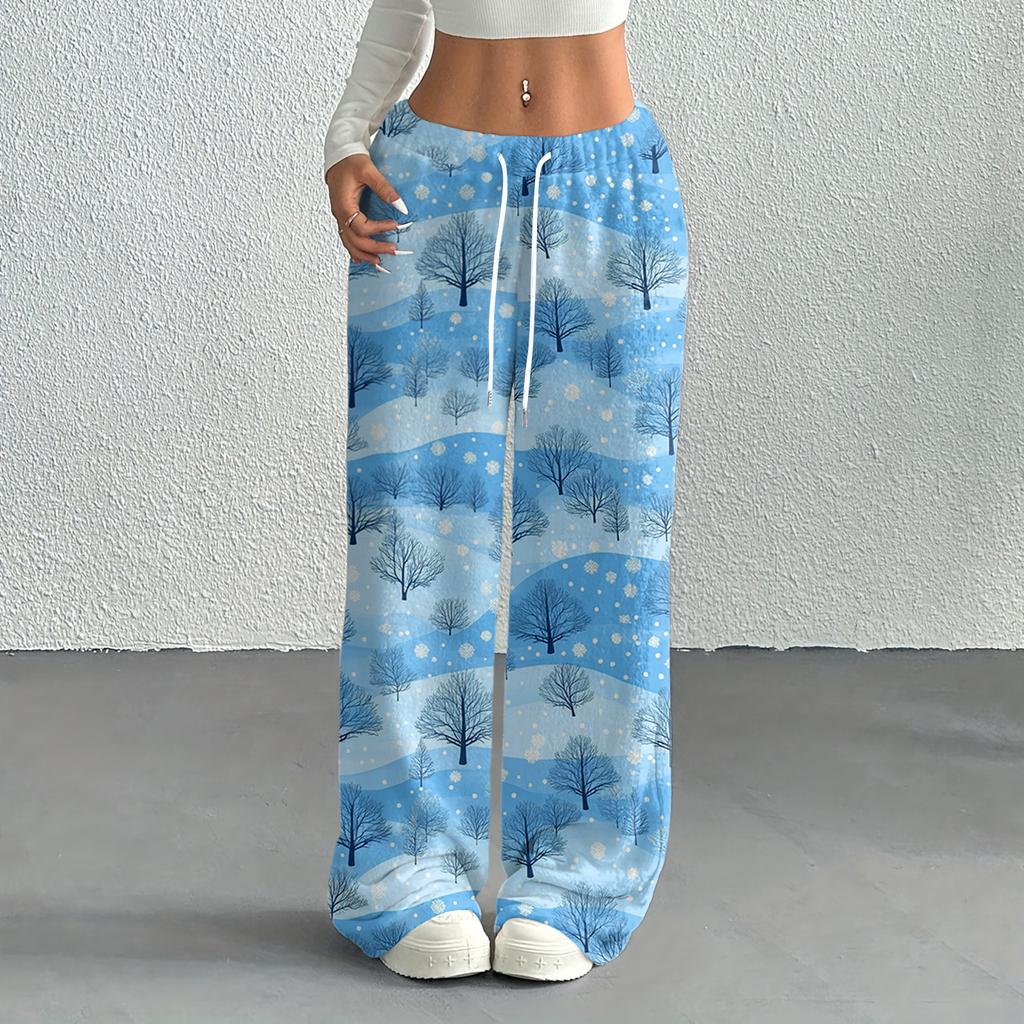 Women's Casual Fashion Printed Elastic Waist Loose Straight Leg Pants With Rope