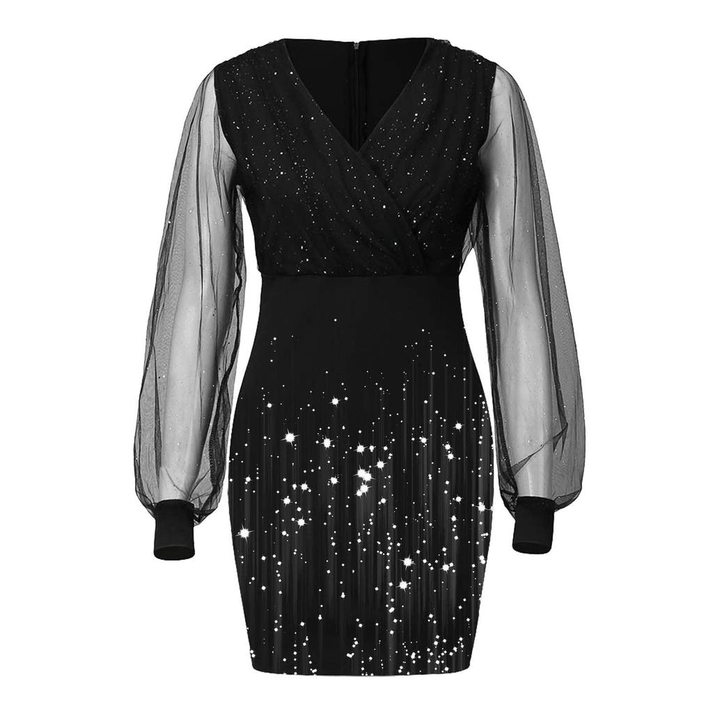 Módní dámské volné šaty s dlouhým rukávem s výstřihem do V