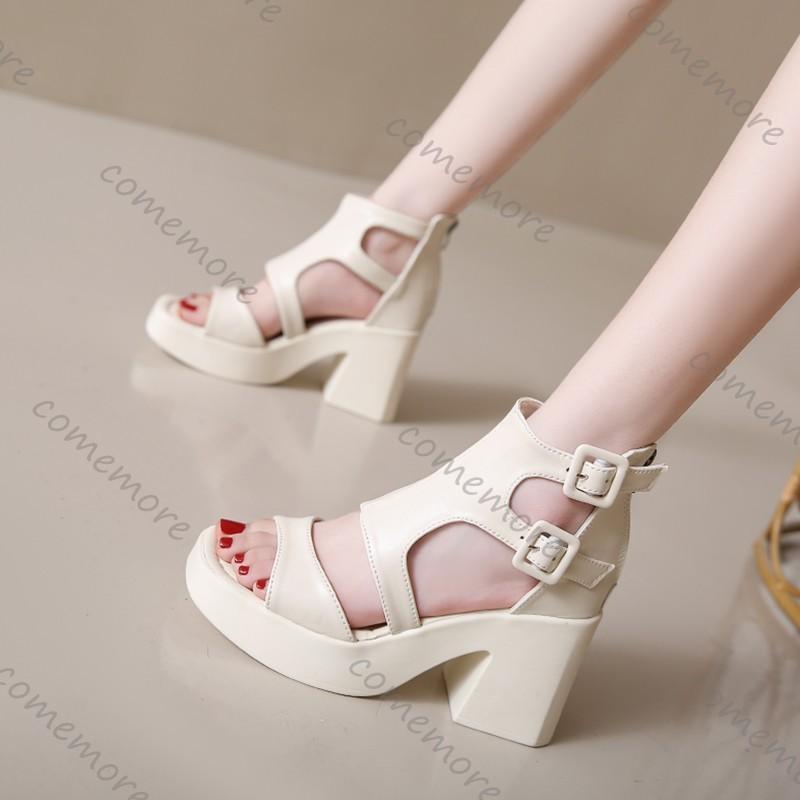 Módní Comemore Sandály na vysokém podpatku Nové Letní Dámské Silný Podpatek S Přezkou na Pásku Neformální Sandály Rybí Tlama Vystřihované Jednobarevné Dámské Boty