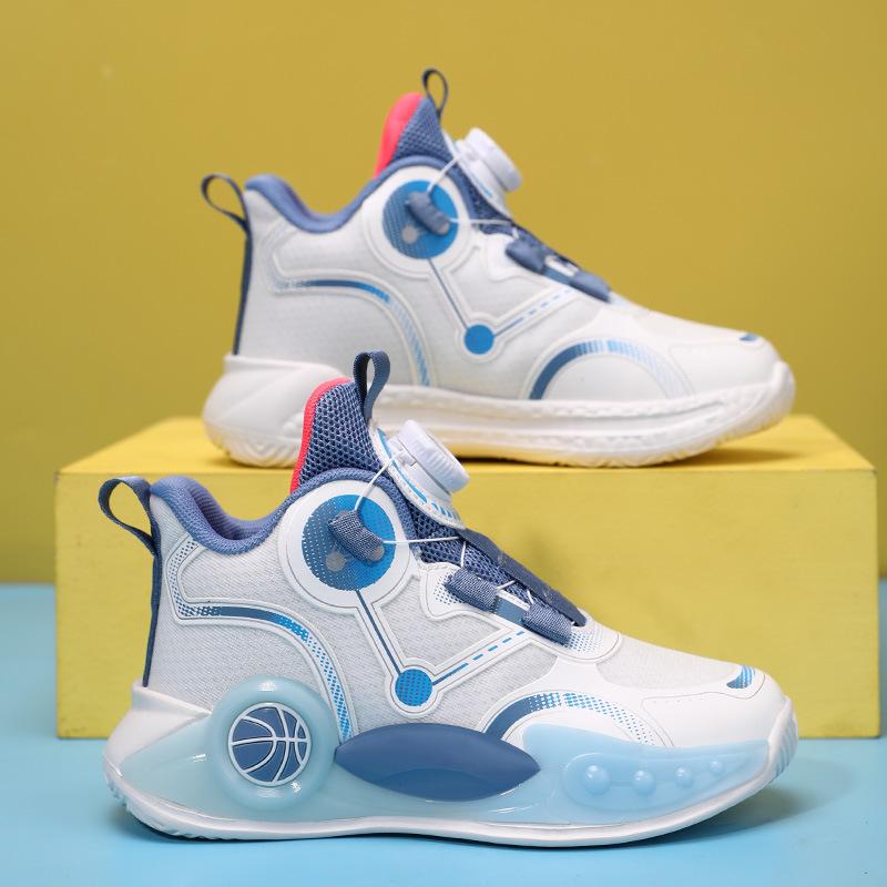 2025 new lace-free classmates Boys mesh breathable basketball shoes Middle and older children non-slip rotating buckle running shoes