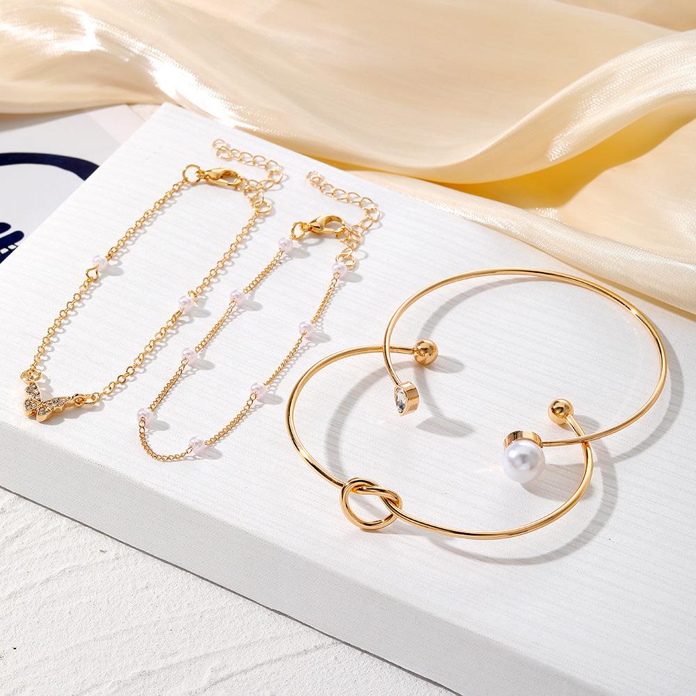 4Pcs/Set Trendy Individuality Open Mouth Bracelet Set for Women Zircon Gold Color Butterfly Pearl Open Cuff Bangle Girls Jewelry