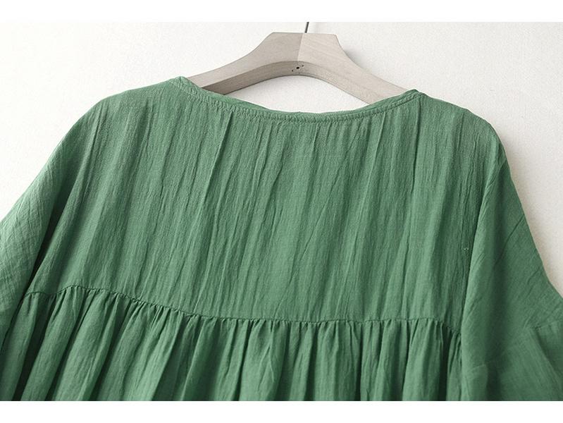 8973 Five-Sleeve Plus Size Gradient Cotton Linen Dress - Loose-Fit Early Autumn Style