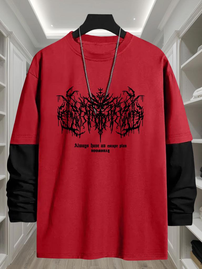 Mens Faux Layered Long Sleeve T Shirt, Casual Gallery Tops, Regular Fit for Art Errands Outdoor Stroll Commute Leisure Wear