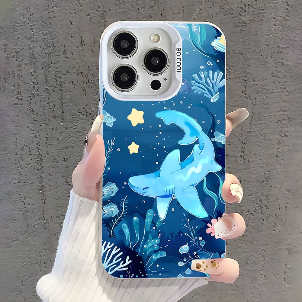 Cute Cartoon Animals Shark Phone Case For iPhone 17,16,15,14,13,12,11,Pro,XS,Max,Plus,Mini,SE White Candy Matte Shockproof Cover