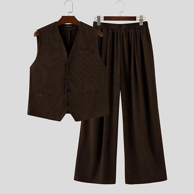 

INCERUN Осенние мужские вельветовые безрукавки и комплекты с длинными брюками 3XL коричневый