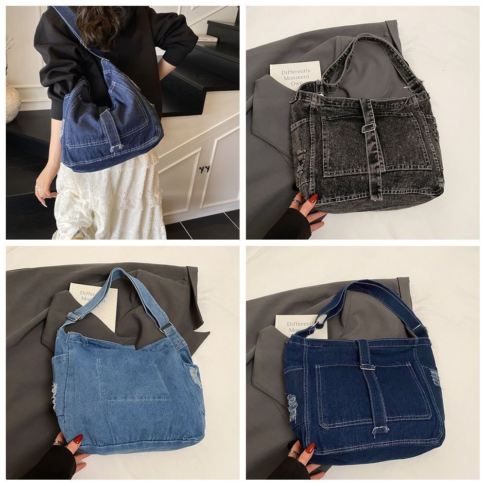 Shoulder Bag Denim Canvas Bag Buckle Strap Simple Tote Bag Simple Vintage Handbag  Students