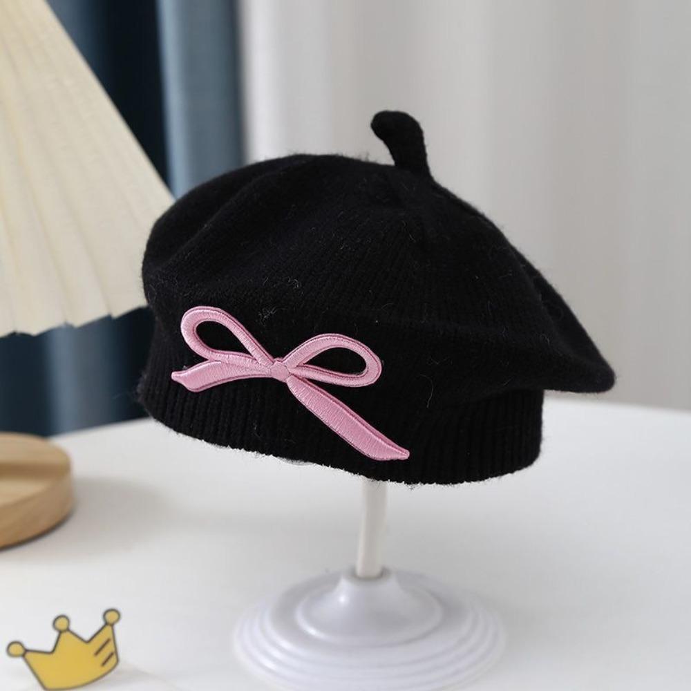 Thick Warm Girls Painter Cap Cotton Toddler Warm Beanie Fashion Bow Knit Headwear  Girl