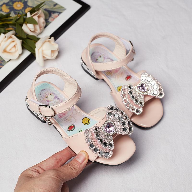 Kids Shoes Princess Versatile Casual Shoes Open-toe Low Heels Rhinestones 2024 New Soft Hook & Loop Children Non-slip Korean PU