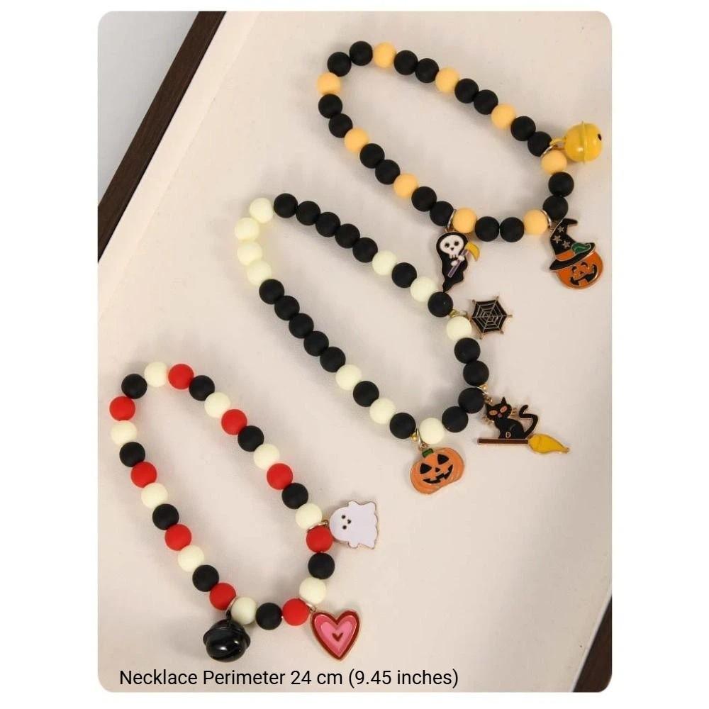 Elastic Halloween Cat Collar Ghost Pendant Kitten Collar Cute Ghost Beaded Necklace  Party Costume