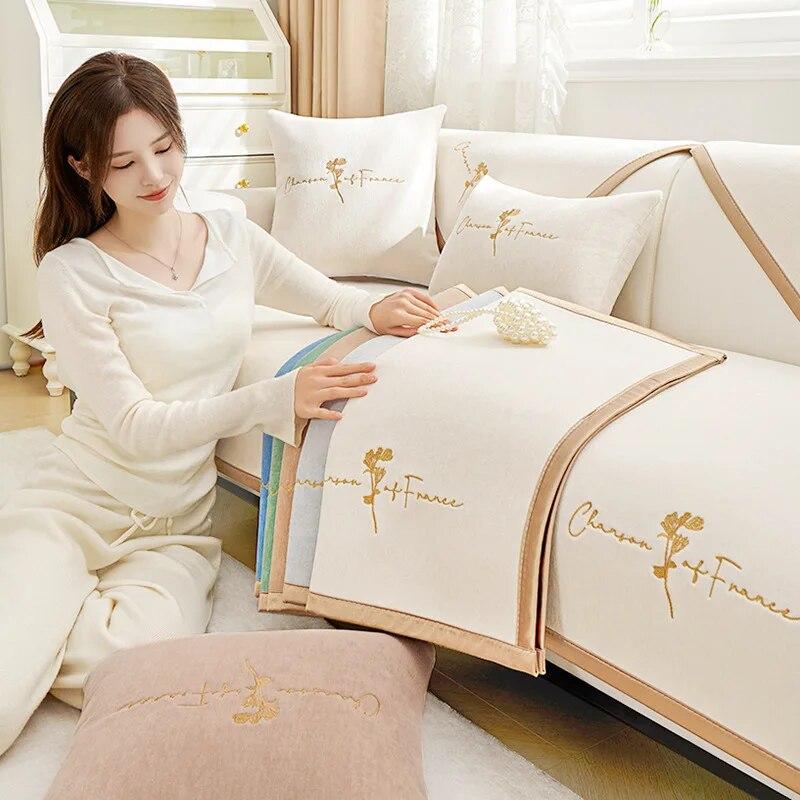 Haftowana narzuta na sofę Chenille cztery pory roku ogólne światło luksusowe zagęszczone pokrowce na sofy do salonu antypoślizgowa pluszowa poduszka