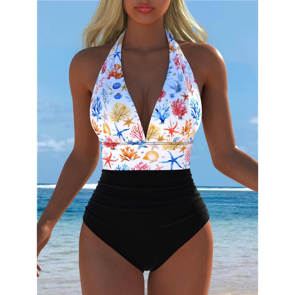 New European and American Style Leopard Print One-piece Swimsuit Women's Deep V Neck High Waist Thin Backless Beach Vacation Swimsuit