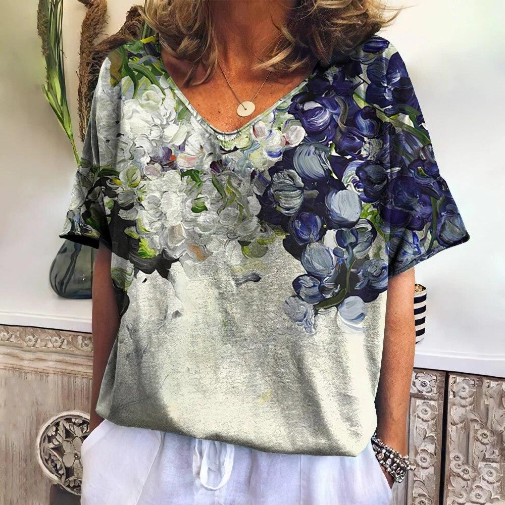 Women's T Shirts V-neck 3d Art Print Tops Loose Short Sleeve Tees Summer Streetwear Fashion Casual  Oversized Female Clothing