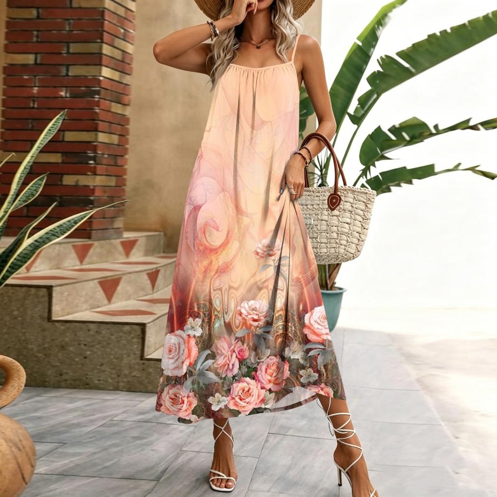Damen ärmelloses Maxikleid mit floralem geometrischem Print, Spaghettiträger, lässiges Haus-Urlaubs-Kleid, leichtes Sommerkleid